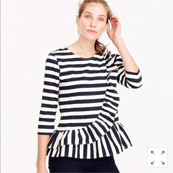 J. Crew F8928 Asymmetrical Navy Ivory Striped Ruffle Peplum Top Women's Size XS - Picture 2 of 8